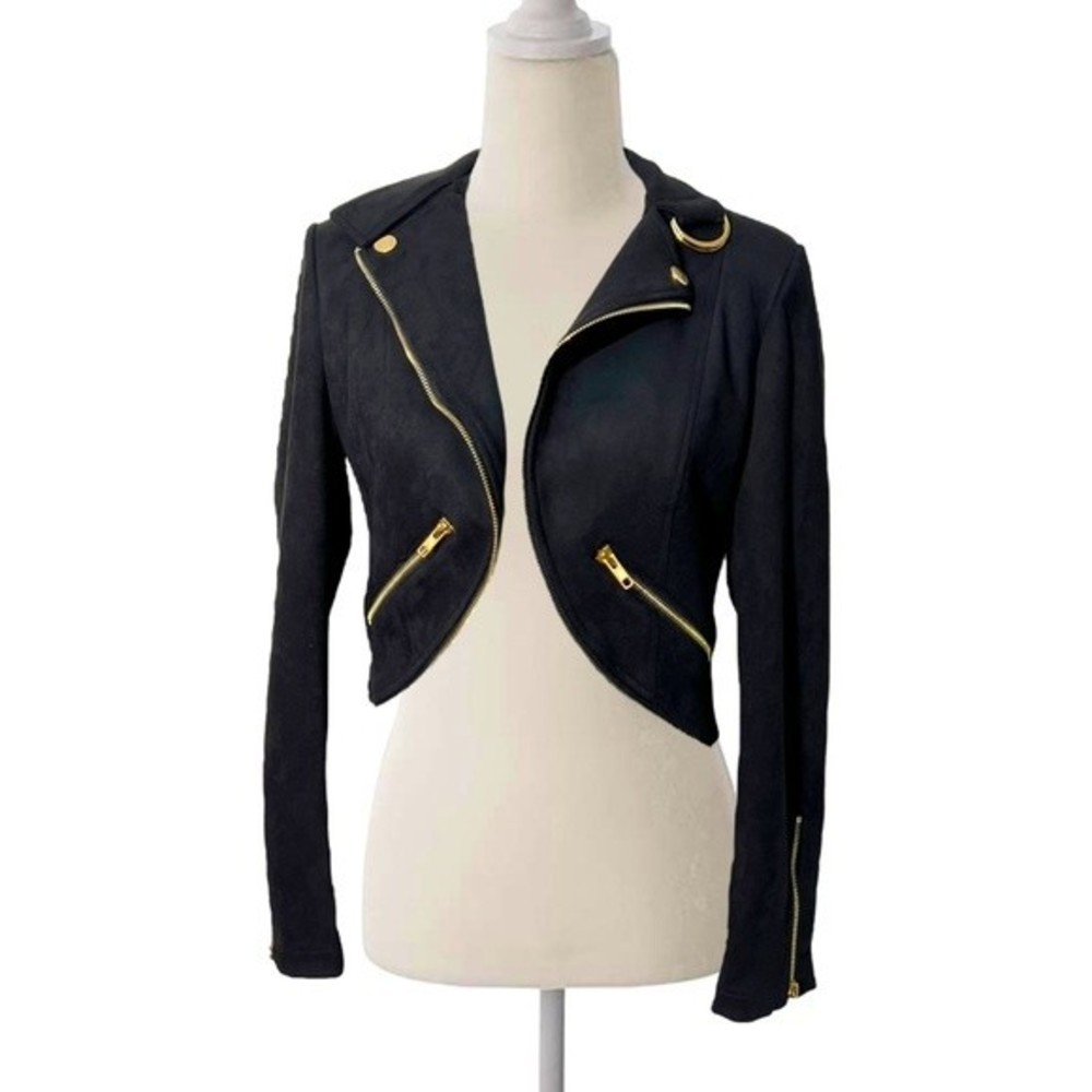 Noble U Black Suede Long Sleeve Open Front Crop Gold Hardware Lightweight Jacket